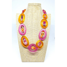 Adjustable resin necklace - transparent orange & pink, NEW